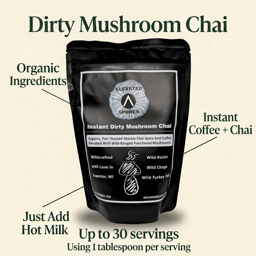 Dirty Mushroom Chai pouch with Organic Ingredients, Instant Coffee + Chai, Just Add Hot Milk, and Up to 30 servings using 1 tablespoon per serving callouts