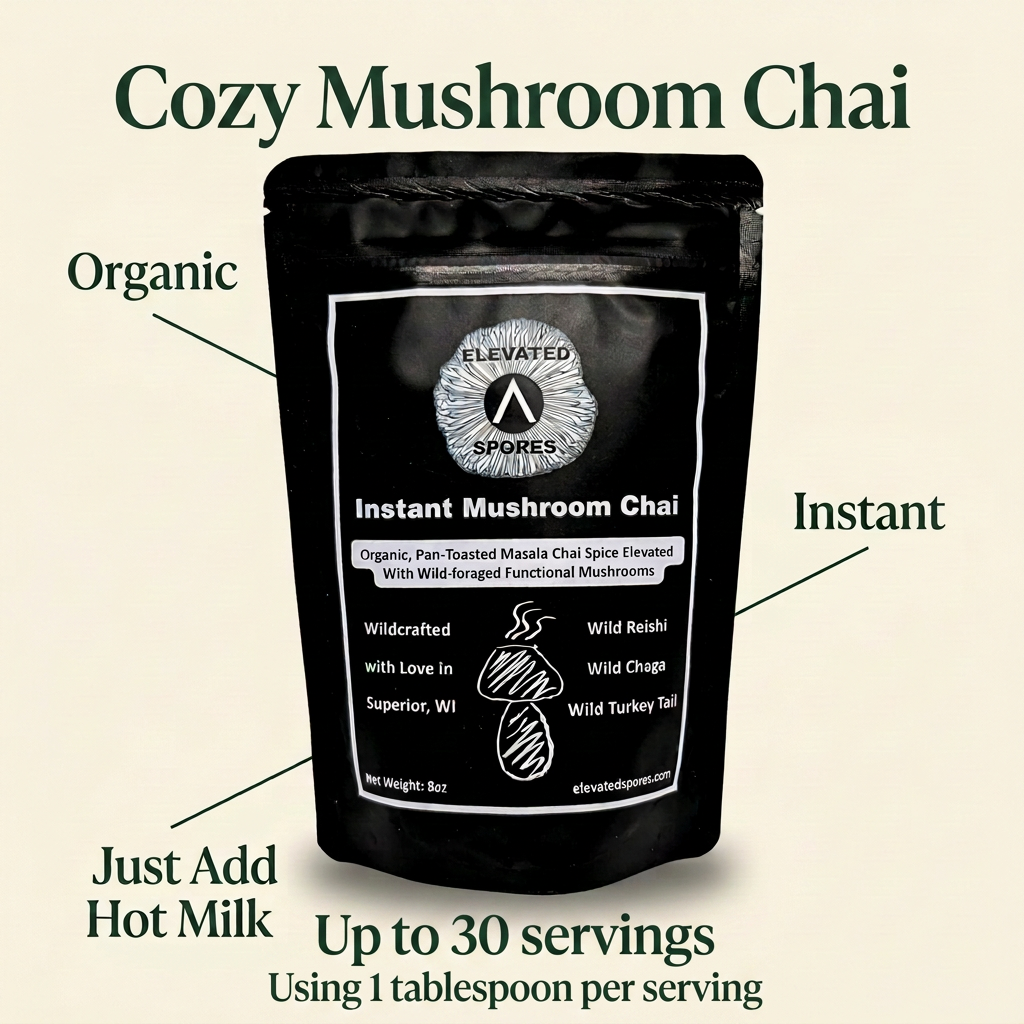 Cozy Mushroom Chai pouch with Organic, Instant, Just Add Hot Milk, and Up to 30 servings using 1 tablespoon per serving callouts