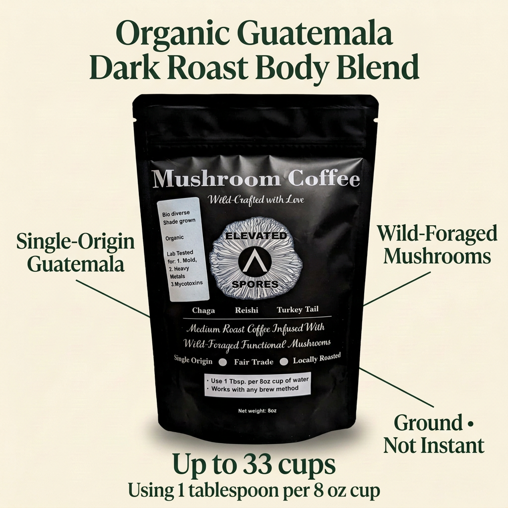 Organic Guatemala Dark Roast Body Blend with a fully visible Elevated Spores pouch, Wild-Foraged Mushrooms, and up to 33 cups using 1 tablespoon per 8 oz cup.