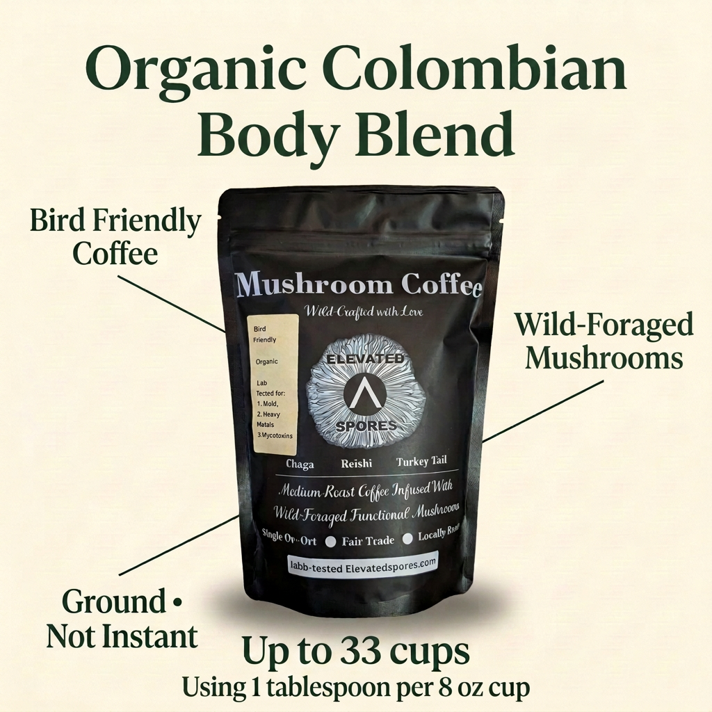 Elevated Spores Organic Colombian Body Blend coffee with Wild-Foraged Mushrooms, Bird Friendly Coffee, Ground Not Instant, and up to 33 cups using 1 tablespoon per 8 oz cup.