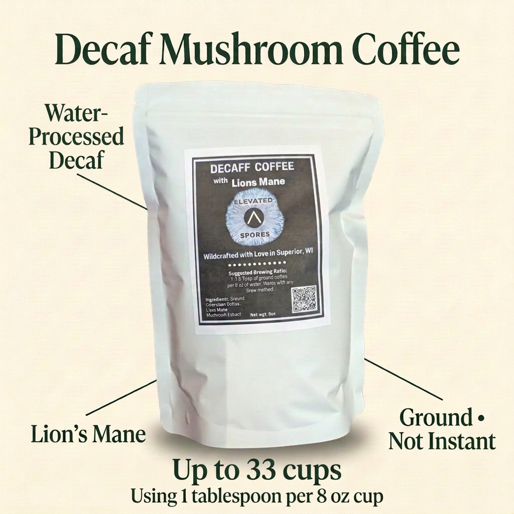 Elevated Spores Decaf Mushroom Coffee pouch with Water-Processed Decaf, Lion’s Mane, Ground Not Instant, and Up to 33 cups using 1 tablespoon per 8 oz cup.