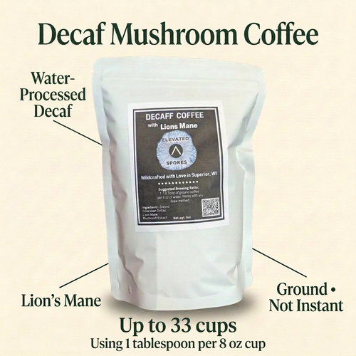 Elevated Spores Decaf Mushroom Coffee pouch with Water-Processed Decaf, Lion’s Mane, Ground Not Instant, and Up to 33 cups using 1 tablespoon per 8 oz cup.