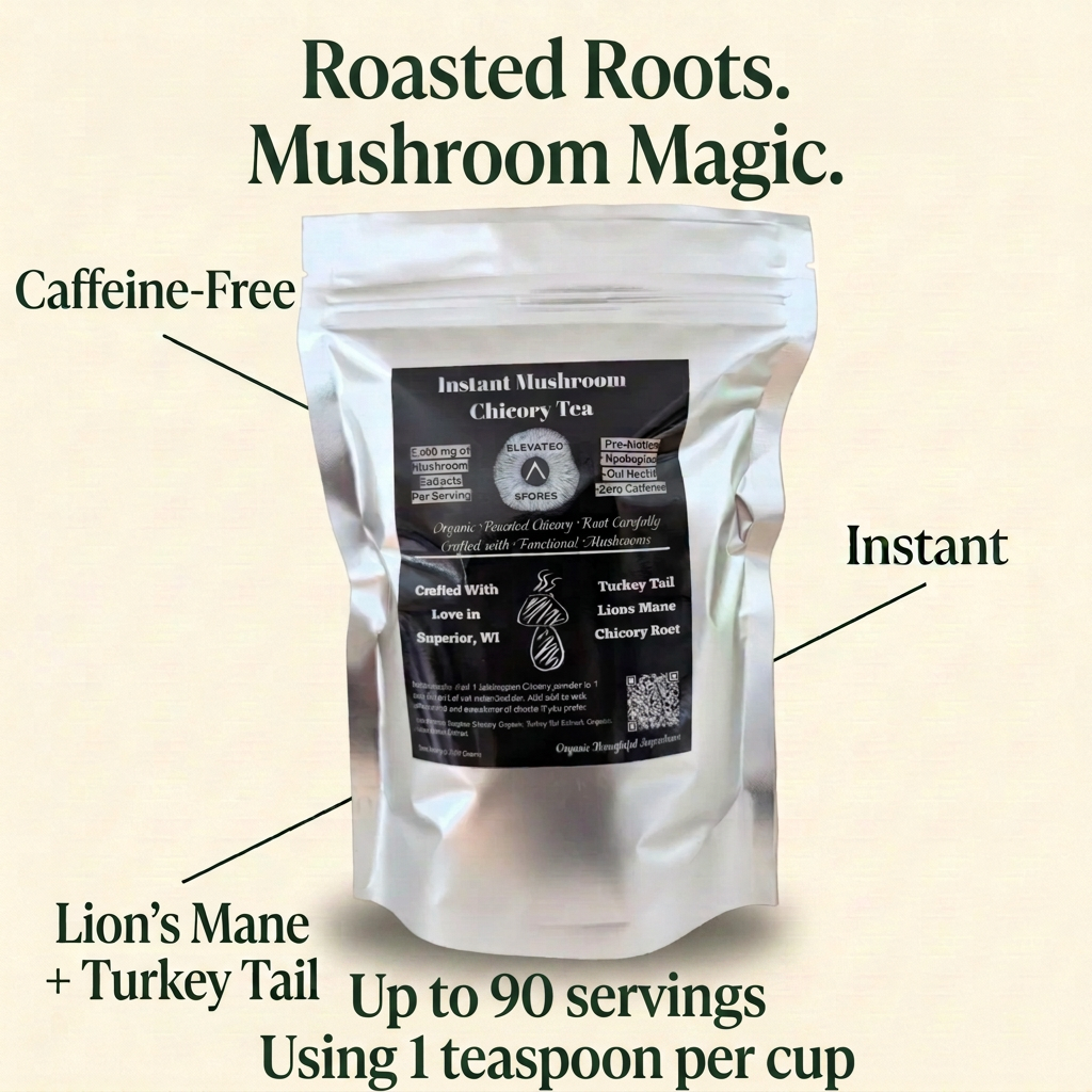 Mushroom Chicory Tea silver pouch with Roasted Roots Mushroom Magic heading, Caffeine-Free, Instant, Lion’s Mane + Turkey Tail, and Up to 90 servings using 1 teaspoon per cup callouts