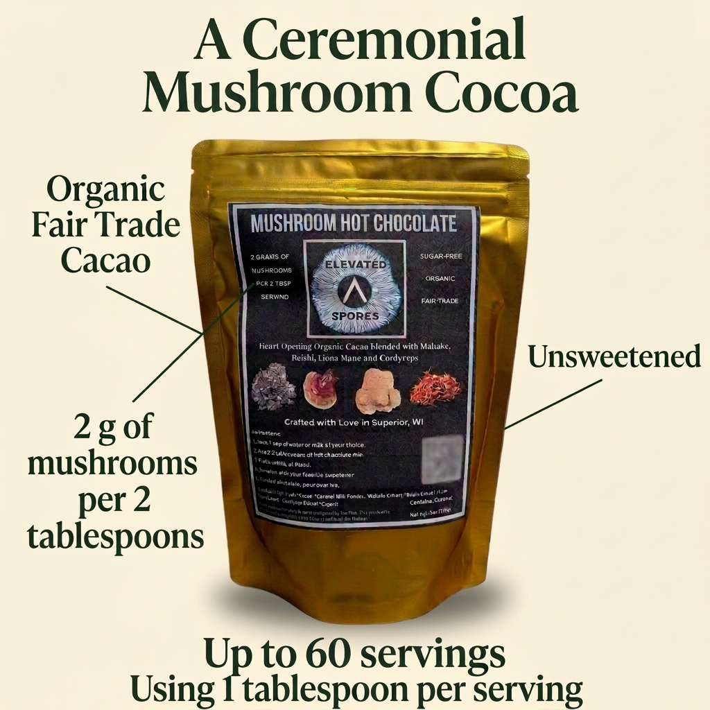 Gold Elevated Spores cacao pouch with A Ceremonial Mushroom Cocoa heading, Unsweetened, Organic Fair Trade Cacao, 2 g of mushrooms per 2 tablespoons, and up to 60 servings using 1 tablespoon per serving