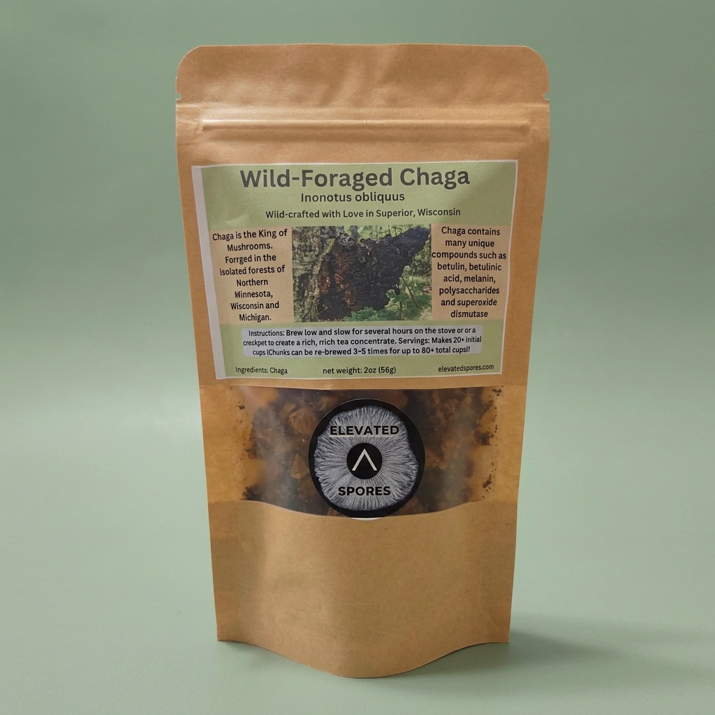Wild-foraged chaga pouch showing its label, window, and logo against a sage-green background