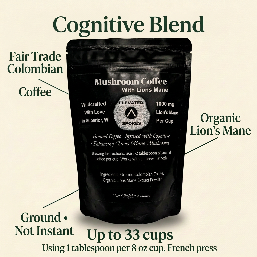 Lions Mane Coffee Cognitive Blend with Fair Trade Colombian Coffee, Organic Lion’s Mane, Ground Not Instant, and Up to 33 cups using 1 tablespoon per 8 oz cup French press callouts