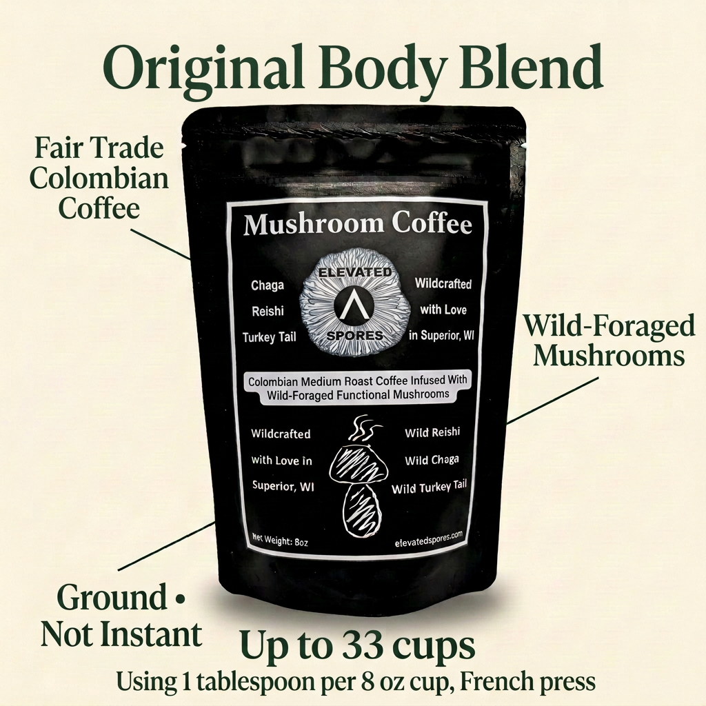 Original Body Blend mushroom coffee with Fair Trade Colombian Coffee, Wild-Foraged Mushrooms, Ground Not Instant, and Up to 33 cups using 1 tablespoon per 8 oz cup French press callouts