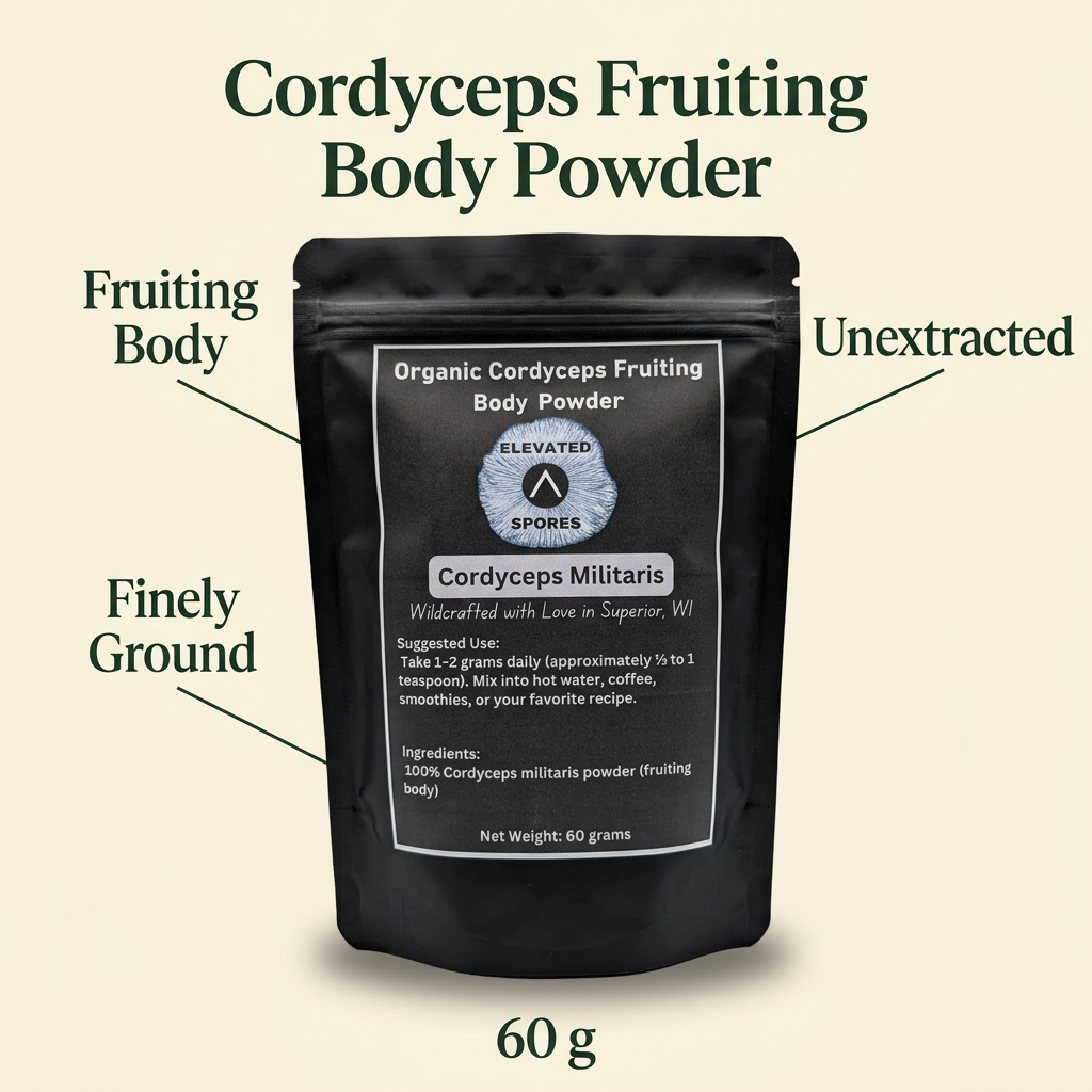 Cordyceps fruiting body powder, unextracted, 60 g, in an Elevated Spores black pouch on a cream background.