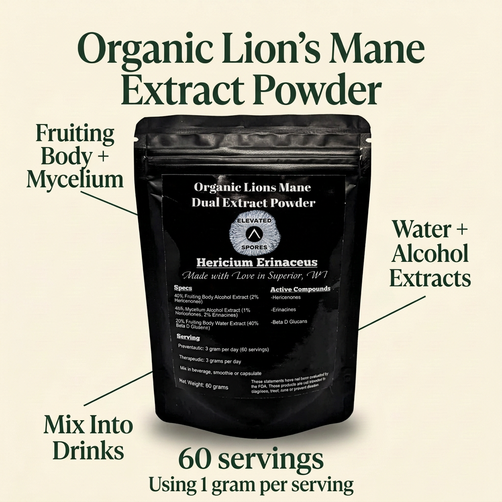 Elevated Spores Organic Lion’s Mane Extract Powder with fruiting body and mycelium, water and alcohol extracts, and 60 servings using 1 gram per serving.