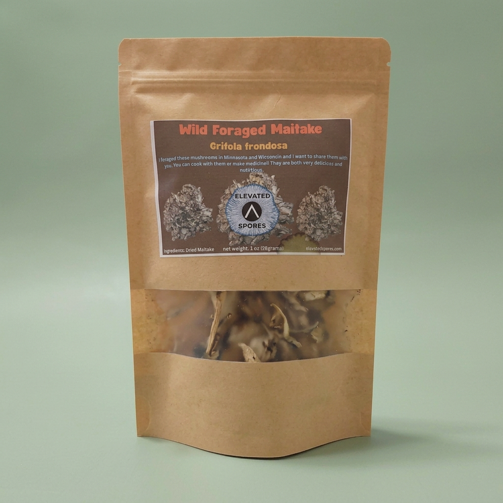 Wild-foraged maitake pouch showing the label and dried mushrooms on a sage-green background